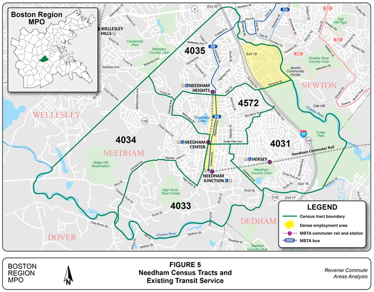 Needham Census Tracts and Existing Transit Service
This figure is a map of Needham showing census tract boundaries, dense areas of employment, and existing transit service.
